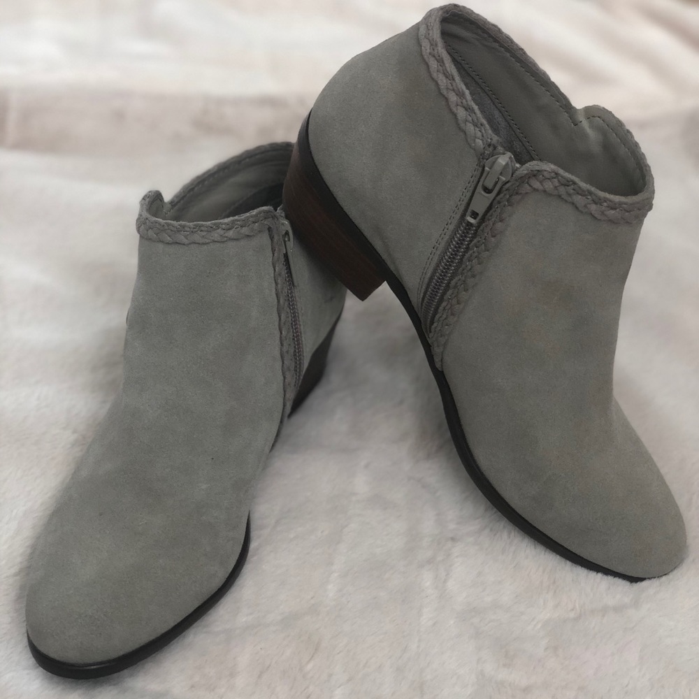 Gray leather booties